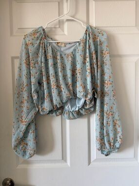 Altar'd State Light Blue Floral Crop Top with Orange Accents